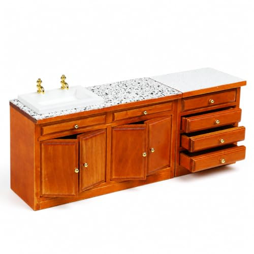 2 piezas de casa de muñecas a escala 1/12, isla de cocina, miniatura para restaurante, baño, mesa con cajón de lavabo, mini muebles de madera, marrón