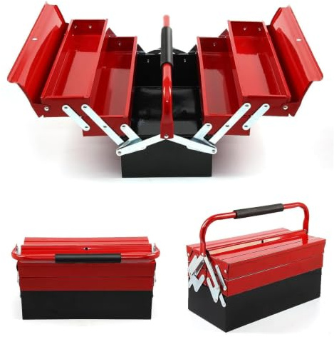 Metal Tool Box 43×22×21 cm, Heavy Duty Red Metal Tool Storage Box 3-Tier 5-Drawer Cantilever Toolbox Organizer, with Carrying Handle