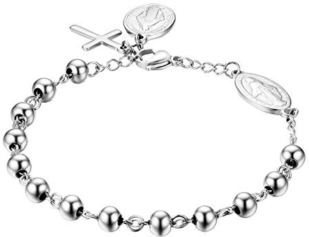 JewelryWe Schmuck Rosenkranz Armband Edelstahl Jungfrau Maria Katholischen Heiligen Gottes Mutter Kreuz Anhänger Perle Kugelkette Armreif Armkette für Herren Damen Silber/Gold/Silbergold