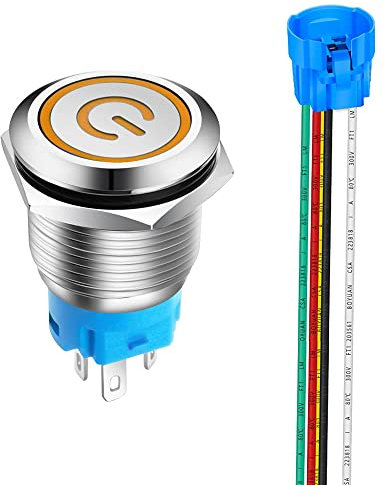 Gebildet® 0.75 Inch/19mm Stainless Steel Latching Push Button Switch 12V-24V 5A Power Symbol LED 1NO1NC SPDT ON Off Waterproof Toggle Switch with Wire Socket Plug (Orange LED)