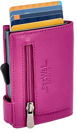 SecWal Kartenetui mit Münzfach Reißverschluss - Made in Germany - Echtleder Geldbörse inkl. E-Book für Damen und Herren - RFID Schutz Portemonnaie Leder - Geldbeutel klein (Pink)