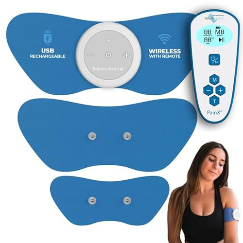 Soterix Medical PainX TENS Wireless Tens Unit Muscle Stimulator with EMS - FSA Tens Unit for Back Pain, Knee, Neck and Face with USB Rechargeable Device and Remote, Designed in USA, 4 Electrode Pads