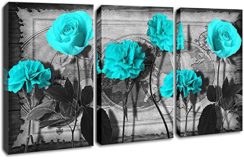 Leinwanddrucke Blaue Blume Wandkunst Poster Schwarze Weltkarte Bild Rose Kunstwerk Malerei und Gerahmte Wohnwände Dekor 60x80cm (24x32in) x3 Mit Rahmen
