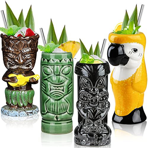 Tiki Bicchieri per cocktail Tiki Set di 4 tazze tropicali in ceramica Hawaiian Tiki Party Creative Cocktail Bicchiere Bevande Grande Bar Drinkware Premium Tropicale Esotico Carino Barware