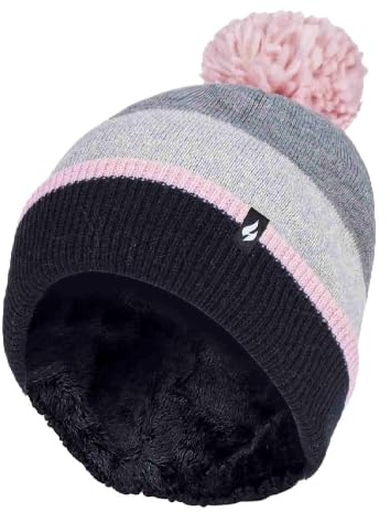 HEAT HOLDERS Bommelmütze Stricken Damen Strickmütze Mütze mit Bommel für Winter | Gestreift und Nordic Muster (One Size, Grau/pink)