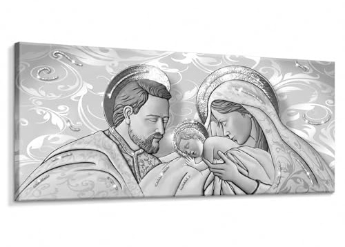 Lupia - Quadro Moderno Sacra Famiglia, su tela poliestere con brillantini Glitter, Natività BRILLANT 52x122 cm THE KISS SHABBY GREY, Adatto per Soggiorno e capezzale Camera da Letto, Grigio