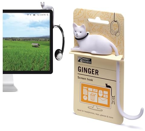 Monkey Business Ginger The Cat Tail Haken für Computerbildschirm, enge Räume, hängende Schlüssel, Zubehör in Reichweite (weiß)
