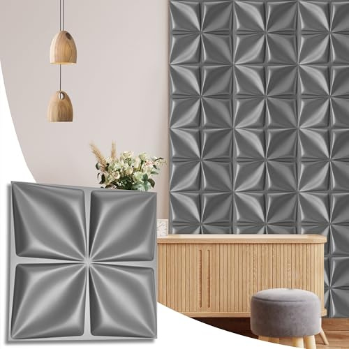 NOVECRAFTO 3D Wall Panels - 20 Sheets Covering 53.82 sq ft (5 sqm) - Decorative Cladding Panel Size 19.7x19.7 (50x50cm) - Interior PVC Panelling Symmetrical Quilted Fold Design in Silver Color