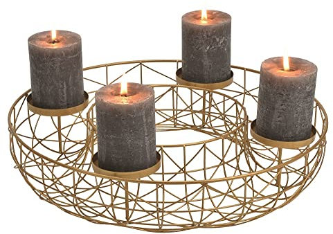 Adventskranz aus Metall in Gold – Moderner Kerzenhalter für 4 Stumpenkerzen – Rundes Korbgeflecht Ø 40 cm – Weihnachtsdeko & Tischdeko – Advents-Kranz ohne Kerzen