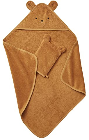 VERTBAUDET Kapuzenbadetuch + Waschhandschuh, Bio-Baumwolle, Karamell, 70 x 70 cm