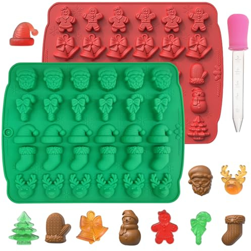 EDUEE Christmas Chocolate Molds Silicone Gummy Molds Christmas Sock Bell Gingerbread Snowman Glove Cane Candy Molds 10 Shape Design Chocolate Mold for Baking Pastry Gummies Cake Decorating