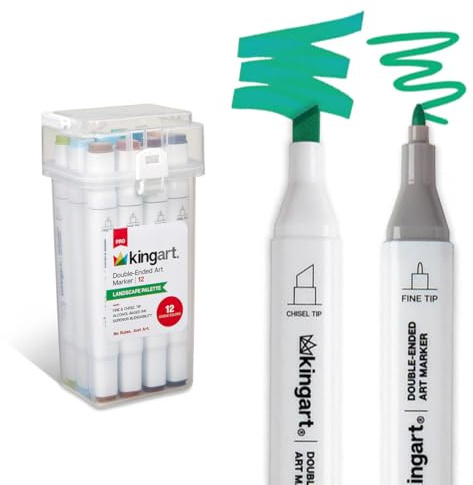 KINGART PRO - Pennarelli a doppia punta ad alcool, 12 colori, punta fine e punta a scalpello, permanenti con miscelazione superiore, include custodia in plastica, 12 pezzi.