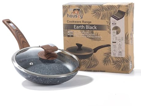 HOUSZY Non-Stick Frying Pan with Lid – 24cm, Non-Stick Granite Coated Induction Hob Skillet, Scratch-Resistant Cooking Surface, Ergonomic Bakelite Handle, Glass Lid Included