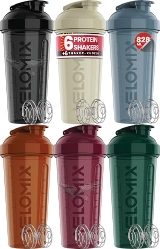 VELOMIX -6 PACK- 828ml Protein Shaker Bottle -6x Wire Mixball | Leak Proof Shaker For Protein Shakes | Large, Stackable Protein Shake Bottle | Dishwasher Safe Gym Bottle (Earth Tones Collection)