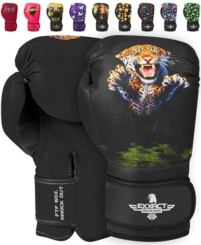 Exxact Sports Knockout-tryckta boxningshandskar för barn (3-10 år) med vadderat skydd och handledsstöd, hållbart konstruerat läder barn boxhandskar för pojkar och flickor (leopard, 113 ml)