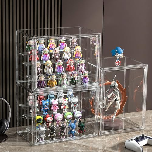 AAABOX Figuras Vitrina,3 Piezas 36x23x27cm Caja de Exhibición Acrílico Transparente Apilable con 3 Estantes para Coleccioncon Muñecas Estatuas