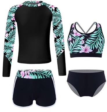 Fldy Rash Guard baddräkt för flickor, set om 4, långärmad UV-skjorta, topp, tankini byxor och simtrosor, barn, simkläder, strandmode, svart, 170-176