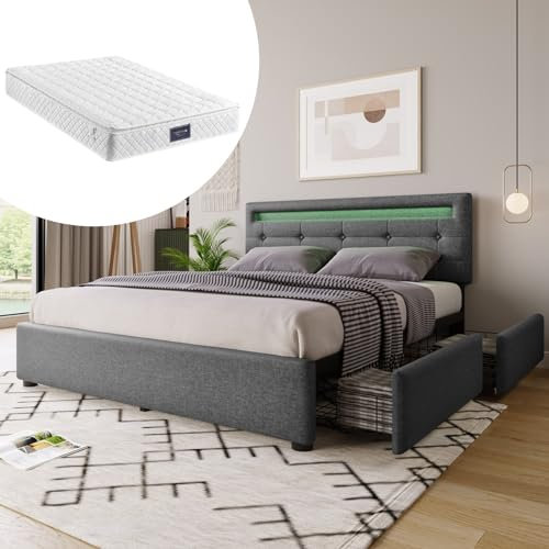 Skcess Bettgestell Mit Led-Beleuchtung Und 4 Schubladen, Inklusive Matratze, Doppelbett Polsterbett 140X200Cm, Höhenverstellbarem Kopfteil, Grau