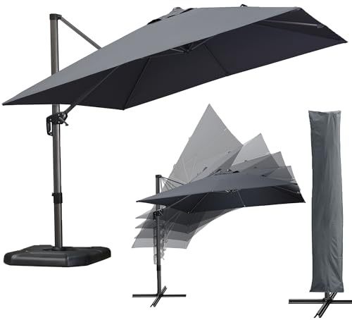 PURPLE LEAF Parasol Déporté 3 x 3 m, Inclus Pied en Croix et Housse de Protection, Parasol de Jardin Extérieur Protection Solaire UPF 50+, Inclinable dans 5 Positions et Rotation à 360°, Gris