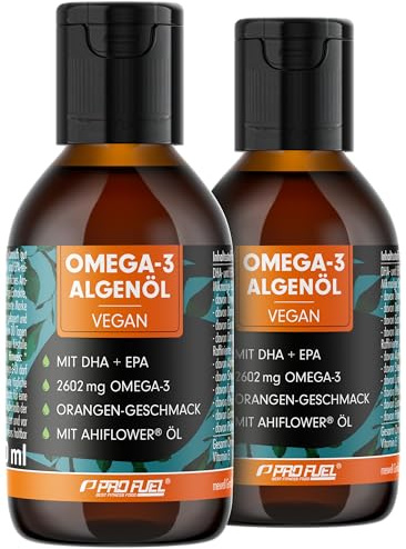 Omega-3 Algenöl 200 ml - hochdosiert mit 3665 mg Algenöl, davon 1203 mg DHA & 667 mg EPA - veganes Omega-3 Öl + Ahiflower® Öl mit angenehmem Orangen-Geschmack - laborgeprüft mit Zertifikat - 2x100 ml