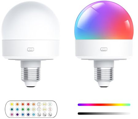 KUWUNG 2 Pack Rechargeable Light Bulb with Remote Control, E27 Battery Operated Light Bulb, Emergency LED Bulb with 15 Colors Selectable & 3 Timer, Light Bulbs for Table Lamps, Hanging Lights