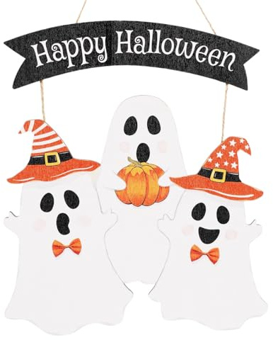 Letrero para Puerta Halloween Fantasma, Lindo Happy Halloween Colgador de Puerta Delantera Madera Decoración Puerta Halloween para Pared Porche Decoración de Corona Fiestas Interior Exterior