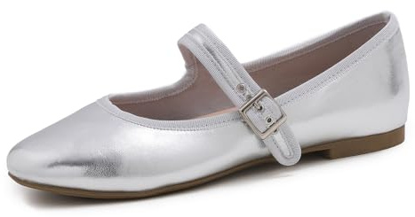 Feversole Dam mjuk kudde extra vadderad Mary Jane klassiska platta skor dam eleganta Mary Jane pumps med mjukt spänne balett dansskor för kvinnor, Mary Jane silver veganskt läder med canvasfoder, 38