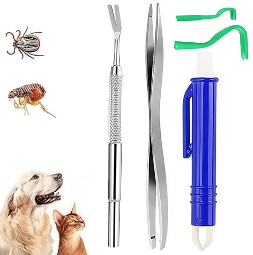 DILUSILK 5 in 1 Tick Removal Kit for Pets, Stainless Steel Tick Remover Tools Set for Dogs, Cats, and Humans 2 Tick Remover Hooks, 2 Tweezers, and 1 Tick Remover Tool