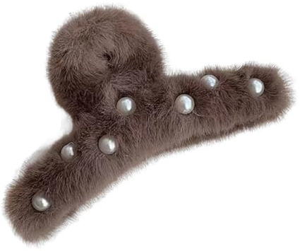 Hair Claw Clip Luster-retaining Hairpin Women Faux Pearls Decor Plush Wrapped Anti-slip Teeth Back Head Clamp Coffee