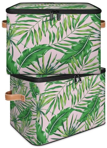 Caja de almacenamiento de hojas de palma verde, plegable, tela tropical, cesta de almacenamiento grande con tapa de cremallera, organizador para dormitorio, hogar, guardería, juguetes, ropa, juego 1