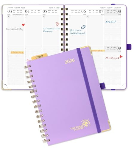 POPRUN Kalender 2026 Buchkalender 21,5 x 16 cm, 12-Monate-Terminplaner Ringbuch (Jan.2026-Dez.2026), Wochenplaner 2026 Hardcover mit Plastiklineal, 100 GSM Papier - Violett
