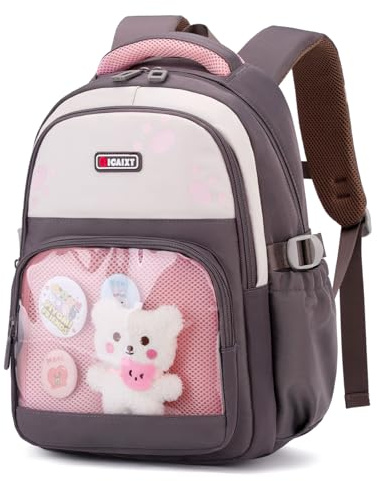 Tanou ryggsäck flickor barn skolväska, 19 l ergonomisk skolryggsäck för flickor 1. till 3. Klass, fashionabel nylon barnryggsäck med reflektorränder, grå rosa, 27 x 18 x 40 cm