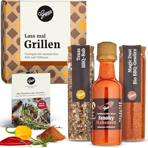 Gepp‘s Feinkost 3-er Set Mini Grillen Geschenk für Männer I Grill Geschenk | Mit 2 Grillgewürzen und Habanero Chili Sauce I BBQ-Gewürzmischungen „Magic Rub“ und „Texas-BBQ“