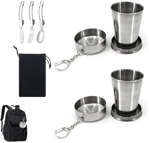 LUMOOM Lot de 2 gobelets pliants en acier inoxydable de 75 ml, gobelets pliables, portables, gobelets de camping pour le camping et les voyages, avec couverts en acier inoxydable (couteau, fourchette