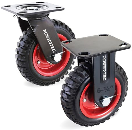 POWERTEC 6 Inch Caster Wheels Set of 2 (1 Swivel & 1 Fixed), Heavy Duty Casters w/Rubber Knobby Tread for Workbench, Dolly, Cart, Trolley, Wagon, Toolbox and Chicken Coop, Large Castor Wheels (17056)