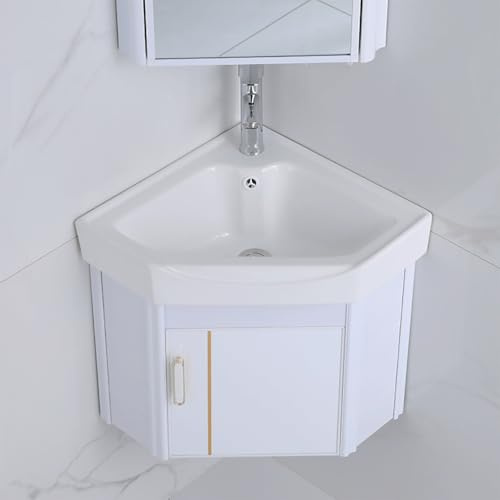 Hörnhandfat med tvättställsunderskåp, väggmonterat keramiktvättställ, 15-tums förvaringsbehållare, modern vit design, inklusive kran och avlopp, perfekt för små rum