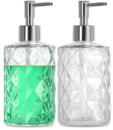 Glass Soap Dispenser 2pc, Diamond Crystal Transparent Style with Plastic Pump，Handwash Dispenser Bottle, Used in Kitchen and Bathroom