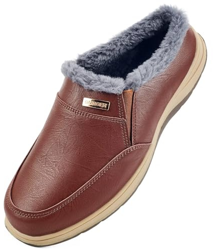 GURGER Herren Hausschuhe Leder Winter Warm Plüsch Gefüttert Pantoffeln für Innen & Außen