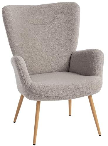 HOMCOM Poltrona Imbottita Moderna da Salotto, Poltrona Camera da Letto in Tessuto Sherpa con Schienale Alto e Braccioli, Poltroncina Relax con Telaio in Acciaio per Soggiorno, Grigio Chiaro