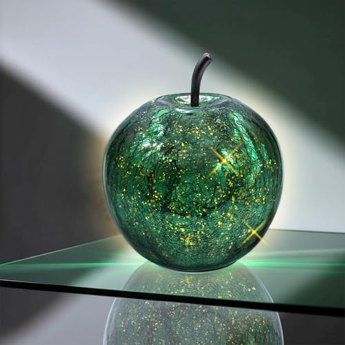 Spetebo LED Crackle Glas Apfel 16 cm, metallic grün | Bruchglas Optik, Tisch Lampe, Drahtlichterkette, Batterie betrieben, Timer
