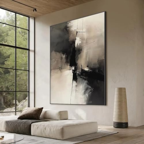 UUDEZO Large Framed Neutral Abstract Wall Art for Living Room, Black and Beige Modern Canvas Prints Artwork for Walls Decor(96x160cm(38x63inch)/with Black Frame)