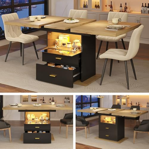 Vepssder Tavolo da pranzo allungabile con LED,tavolo allungabile sala da pranzo moderno in legno,tavolo da cucina salvaspazio,tavolo da balcone,per casa e cucina,soggiorno,sala da pranzo,terrazzo ecc