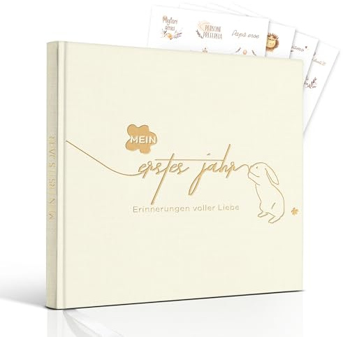 Hyggartn Mein Erstes Jahr Babyalbum mit 129 Stickern Personalisierte Geschenke Baby Geschenk Geburt Junge & Mädchen Fotoalbum Baby Erinnerung Babytagebuch 21x21 cm (Niedliches Häschen)