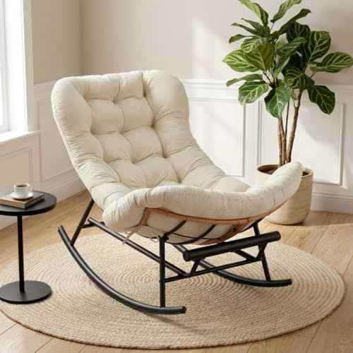 GarveeHome Indoor Papasan Rocking Chair, Rattan Rocker with Extendable Footrest & Detachable Flannel Cushion, 352lbs Sturdy Large Reading Lounge for Indoor Bedroom Living Room, Beige