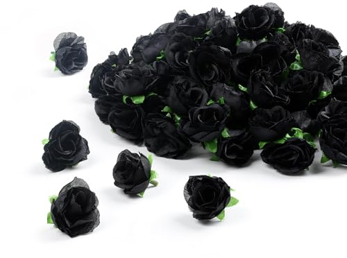Sahoottie 100 Stück Schwarze Kunstrosen Köpfe 3cm Mini Kunstblumen Köpfe | Kleine Rosenblumen Deko Schwarze Künstliche Rosen für Zuhause Hochzeit Party Halloween Deko DIY Blumenwand