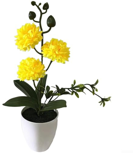Crisantemo artificial en maceta para interiores con tres flores de aspecto natural para el hogar y la oficina (amarillo)