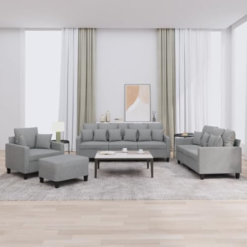 WDGJJFECNMUEHI Moderne 4-TLG. Sofagarnitur mit Kissen Hellgrau Stoff, Wohnzimmer Couchgarnitur Set inkl. Sessel, 2-Sitzer, 3-Sitzer und Hocker, bequem & strapazierfähig für Entspannung und Gäste