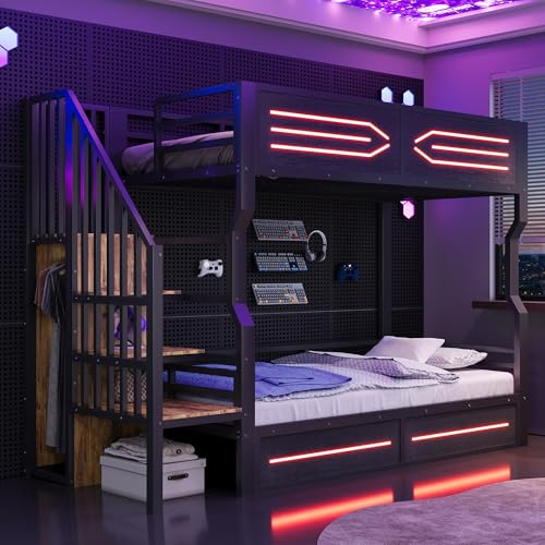 Xwiny Kinderbett 90x200 cm mit LED-Beleuchtung und Treppe Stauraum, Hochbett mit Kleiner Kleiderschrank, Stauraumbett, Eisenbett, Etagenbett, für Jugendzimmer, Schwarz-A(Ohne Matratze)