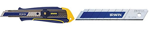 Irwin 10507580 Cutter pro à molette avec lame Bimétal 18 mm + Irwin 10507102 Lames Sécable Bimétal, Argent/Bleu, 18 mm, Set de 5 Pièces