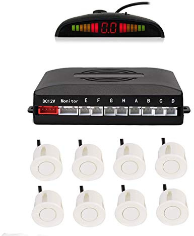 Car Reverse Parking sensors System with 8 Parking Sensors Distance Detection + LED Distance Display + Sound Warning (White Color)